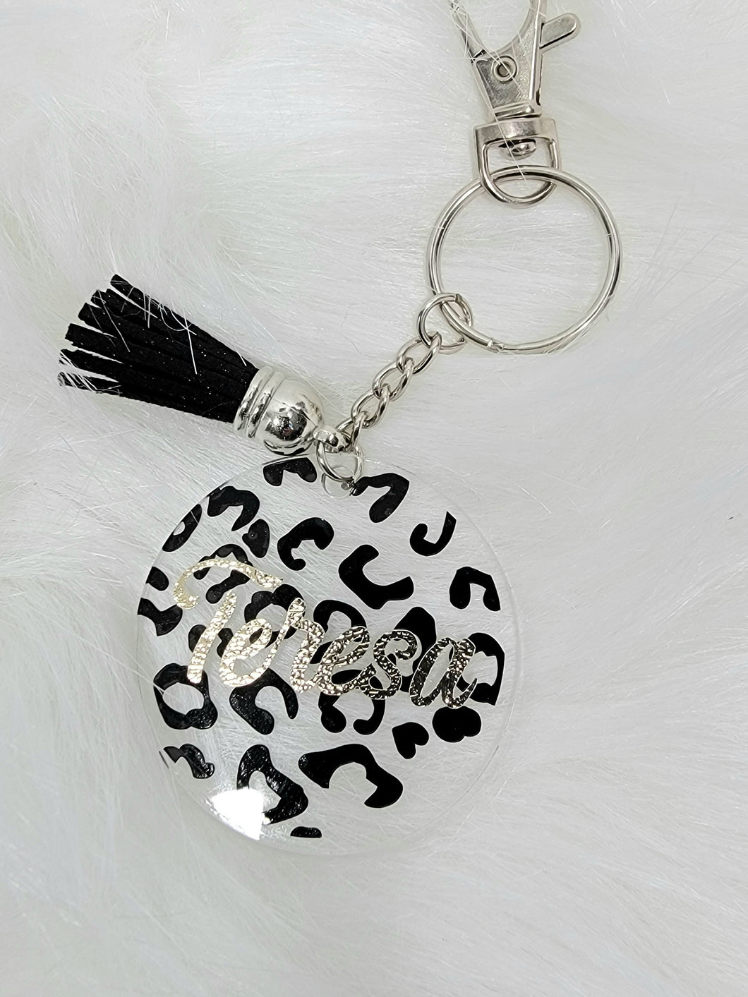 Round Acrylic Keychain - Leopard Print  with Name