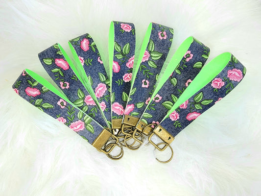 Floral Denim Faux Leather Wristlet Keyrings